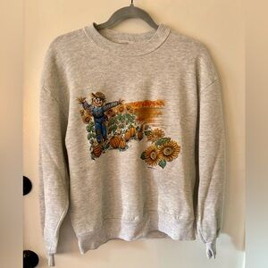 Vintage fall sweatshirt with scarecrow, pumpkins, and sunflowers